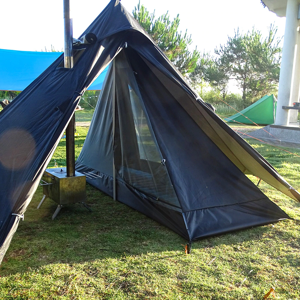 Cheap Goat Tents Ultralight Camping Teepee Tent with Chimney Window Outdoor Tipi Pyramid Tent Double Layer Bushcraft 1 Person Tents Hot Tent   